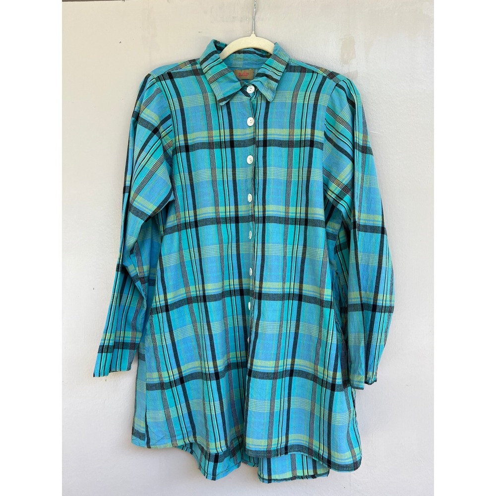 Tulip Plaid Button Down Medium Long Sleeve Tunic Top Blue Green Fall Lagenlook